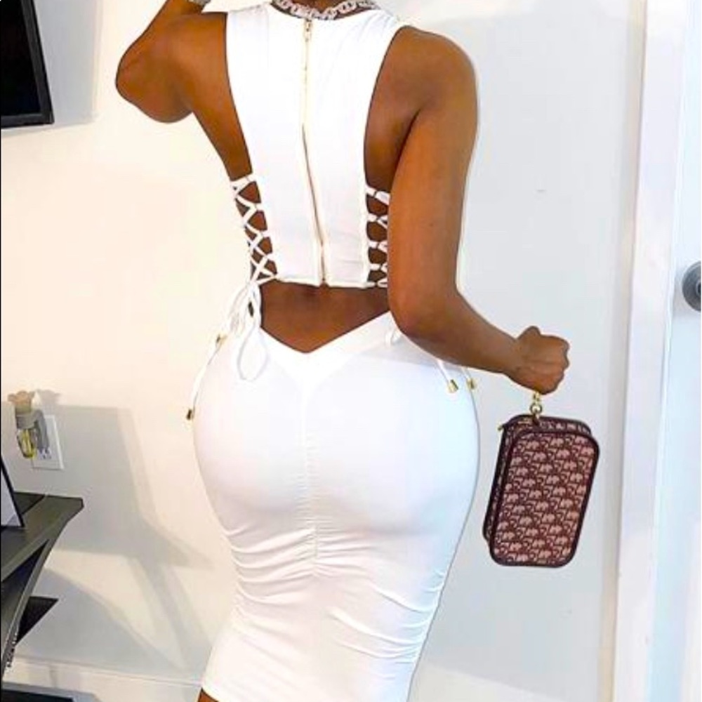 White midi dress with gold details on strings. 💥FINAL SALE💥